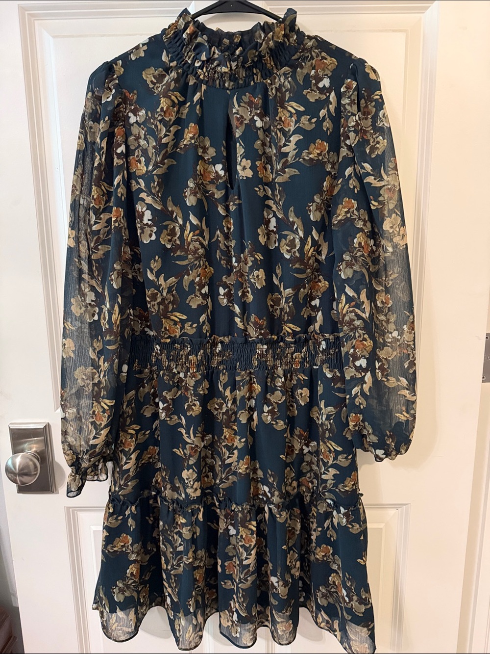DREW Teal Floral Ruffle-Neck Long Sleeve Dress